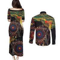 Papua New Guinea and Australia Together Couples Matching Puletasi and Long Sleeve Button Shirt Bird of Paradise and Kangaroo Melanesian Aboriginal Motifs LT03 - Polynesian Pride