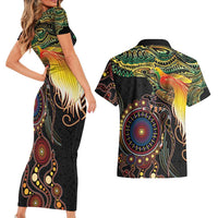 Papua New Guinea and Australia Together Couples Matching Short Sleeve Bodycon Dress and Hawaiian Shirt Bird of Paradise and Kangaroo Melanesian Aboriginal Motifs LT03 - Polynesian Pride