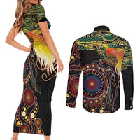 Papua New Guinea and Australia Together Couples Matching Short Sleeve Bodycon Dress and Long Sleeve Button Shirt Bird of Paradise and Kangaroo Melanesian Aboriginal Motifs LT03 - Polynesian Pride