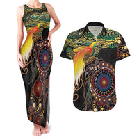 Papua New Guinea and Australia Together Couples Matching Tank Maxi Dress and Hawaiian Shirt Bird of Paradise and Kangaroo Melanesian Aboriginal Motifs LT03 Black - Polynesian Pride