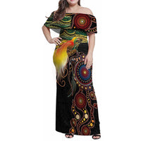 Papua New Guinea and Australia Together Family Matching Off Shoulder Maxi Dress and Hawaiian Shirt Bird of Paradise and Kangaroo Melanesian Aboriginal Motifs LT03 Mom's Dress Black - Polynesian Pride