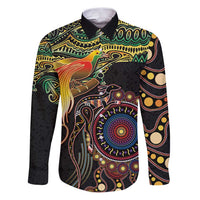 Papua New Guinea and Australia Together Family Matching Puletasi and Hawaiian Shirt Bird of Paradise and Kangaroo Melanesian Aboriginal Motifs LT03 Dad's Shirt - Long Sleeve Black - Polynesian Pride