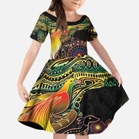 Papua New Guinea and Australia Together Family Matching Summer Maxi Dress and Hawaiian Shirt Bird of Paradise and Kangaroo Melanesian Aboriginal Motifs LT03 Daughter's Dress Black - Polynesian Pride
