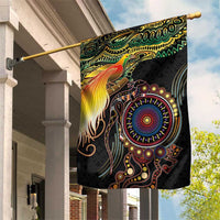 Papua New Guinea and Australia Together Garden Flag Bird of Paradise and Kangaroo Melanesian Aboriginal Motifs LT03 House Flag Black - Polynesian Pride