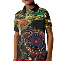 Papua New Guinea and Australia Together Kid Polo Shirt Bird of Paradise and Kangaroo Melanesian Aboriginal Motifs LT03 Kid Black - Polynesian Pride