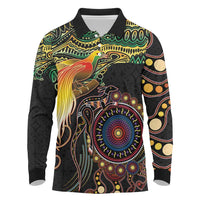 Papua New Guinea and Australia Together Long Sleeve Polo Shirt Bird of Paradise and Kangaroo Melanesian Aboriginal Motifs LT03 Black - Polynesian Pride