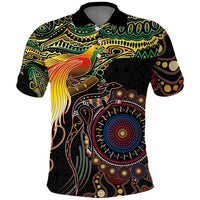 Papua New Guinea and Australia Together Polo Shirt Bird of Paradise and Kangaroo Melanesian Aboriginal Motifs LT03 Black - Polynesian Pride