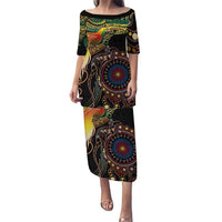 Papua New Guinea and Australia Together Puletasi Bird of Paradise and Kangaroo Melanesian Aboriginal Motifs LT03 Long Dress Black - Polynesian Pride