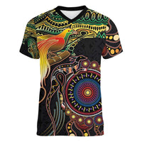 Papua New Guinea and Australia Together Women V-Neck T-Shirt Bird of Paradise and Kangaroo Melanesian Aboriginal Motifs LT03 Female Black - Polynesian Pride