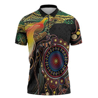 Papua New Guinea and Australia Together Zipper Polo Shirt Bird of Paradise and Kangaroo Melanesian Aboriginal Motifs LT03 Black - Polynesian Pride