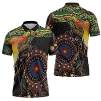 Papua New Guinea and Australia Together Zipper Polo Shirt Bird of Paradise and Kangaroo Melanesian Aboriginal Motifs LT03 - Polynesian Pride