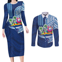 Hawaiian Mele Kalikimaka Couples Matching Long Sleeve Bodycon Dress and Long Sleeve Button Shirt Funny Santa on Whale Island with Kakau Tattoos LT03 Blue - Polynesian Pride