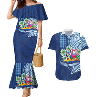 Hawaiian Mele Kalikimaka Couples Matching Mermaid Dress and Hawaiian Shirt Funny Santa on Whale Island with Kakau Tattoos LT03 Blue - Polynesian Pride