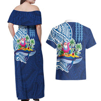 Hawaiian Mele Kalikimaka Couples Matching Off Shoulder Maxi Dress and Hawaiian Shirt Funny Santa on Whale Island with Kakau Tattoos LT03 - Polynesian Pride