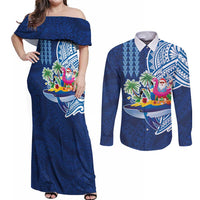 Hawaiian Mele Kalikimaka Couples Matching Off Shoulder Maxi Dress and Long Sleeve Button Shirt Funny Santa on Whale Island with Kakau Tattoos LT03 Blue - Polynesian Pride