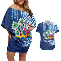 Hawaiian Mele Kalikimaka Couples Matching Off Shoulder Short Dress and Hawaiian Shirt Funny Santa on Whale Island with Kakau Tattoos LT03 Blue - Polynesian Pride