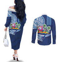 Hawaiian Mele Kalikimaka Couples Matching Off The Shoulder Long Sleeve Dress and Long Sleeve Button Shirt Funny Santa on Whale Island with Kakau Tattoos LT03 - Polynesian Pride