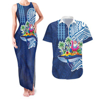 Hawaiian Mele Kalikimaka Couples Matching Tank Maxi Dress and Hawaiian Shirt Funny Santa on Whale Island with Kakau Tattoos LT03 Blue - Polynesian Pride