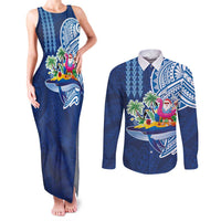 Hawaiian Mele Kalikimaka Couples Matching Tank Maxi Dress and Long Sleeve Button Shirt Funny Santa on Whale Island with Kakau Tattoos LT03 Blue - Polynesian Pride