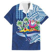 Hawaiian Mele Kalikimaka Family Matching Off The Shoulder Long Sleeve Dress and Hawaiian Shirt Funny Santa on Whale Island with Kakau Tattoos LT03 Dad's Shirt - Short Sleeve Blue - Polynesian Pride