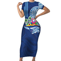 Hawaiian Mele Kalikimaka Family Matching Short Sleeve Bodycon Dress and Hawaiian Shirt Funny Santa on Whale Island with Kakau Tattoos LT03 Mom's Dress Blue - Polynesian Pride
