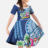 Hawaiian Mele Kalikimaka Family Matching Tank Maxi Dress and Hawaiian Shirt Funny Santa on Whale Island with Kakau Tattoos LT03 Daughter's Dress Blue - Polynesian Pride
