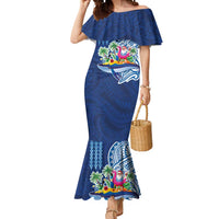 Hawaiian Mele Kalikimaka Mermaid Dress Funny Santa on Whale Island with Kakau Tattoos LT03 Women Blue - Polynesian Pride