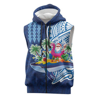 Hawaiian Mele Kalikimaka Sleeveless Zip Hoodie Funny Santa on Whale Island with Kakau Tattoos LT03 Blue - Polynesian Pride