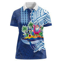 Hawaiian Mele Kalikimaka Women Polo Shirt Funny Santa on Whale Island with Kakau Tattoos LT03 Female Blue - Polynesian Pride