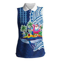 Hawaiian Mele Kalikimaka Women Sleeveless Polo Shirt Funny Santa on Whale Island with Kakau Tattoos LT03 Female Blue - Polynesian Pride