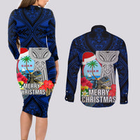 Guam Christmas Couples Matching Long Sleeve Bodycon Dress and Long Sleeve Button Shirt Santa Gift Latte Stone and Sea Turle Mix Hibiscus Chamorro Blue Style LT03