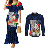 Guam Christmas Couples Matching Mermaid Dress and Long Sleeve Button Shirt Santa Gift Latte Stone and Sea Turle Mix Hibiscus Chamorro Blue Style LT03 Blue - Polynesian Pride