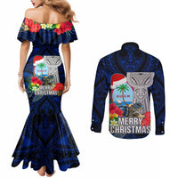 Guam Christmas Couples Matching Mermaid Dress and Long Sleeve Button Shirt Santa Gift Latte Stone and Sea Turle Mix Hibiscus Chamorro Blue Style LT03 - Polynesian Pride