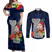 Guam Christmas Couples Matching Off Shoulder Maxi Dress and Long Sleeve Button Shirt Santa Gift Latte Stone and Sea Turle Mix Hibiscus Chamorro Blue Style LT03 Blue - Polynesian Pride