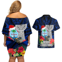 Guam Christmas Couples Matching Off Shoulder Short Dress and Hawaiian Shirt Santa Gift Latte Stone and Sea Turle Mix Hibiscus Chamorro Blue Style LT03 - Polynesian Pride