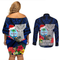 Guam Christmas Couples Matching Off Shoulder Short Dress and Long Sleeve Button Shirt Santa Gift Latte Stone and Sea Turle Mix Hibiscus Chamorro Blue Style LT03 - Polynesian Pride