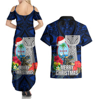 Guam Christmas Couples Matching Summer Maxi Dress and Hawaiian Shirt Santa Gift Latte Stone and Sea Turle Mix Hibiscus Chamorro Blue Style LT03 - Polynesian Pride