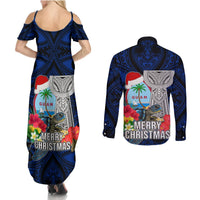 Guam Christmas Couples Matching Summer Maxi Dress and Long Sleeve Button Shirt Santa Gift Latte Stone and Sea Turle Mix Hibiscus Chamorro Blue Style LT03 - Polynesian Pride