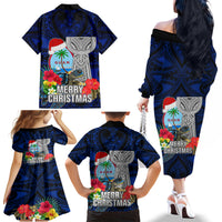Guam Christmas Family Matching Off Shoulder Long Sleeve Dress and Hawaiian Shirt Santa Gift Latte Stone and Sea Turle Mix Hibiscus Chamorro Blue Style LT03 - Polynesian Pride