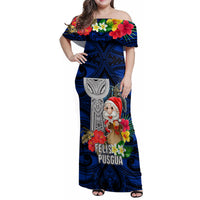 Guam Christmas Family Matching Off Shoulder Maxi Dress and Hawaiian Shirt Santa Gift Latte Stone and Sea Turle Mix Hibiscus Chamorro Blue Style LT03 Mom's Dress Blue - Polynesian Pride