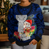 Guam Christmas Kid Ugly Christmas Sweater Santa Gift Latte Stone and Sea Turle Mix Hibiscus Chamorro Blue Style LT03