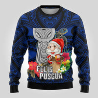 Guam Christmas Ugly Christmas Sweater Santa Gift Latte Stone and Sea Turle Mix Hibiscus Chamorro Blue Style LT03