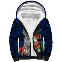 Guam Christmas Sherpa Hoodie Santa Gift Latte Stone and Sea Turle Mix Hibiscus Chamorro Blue Style LT03 Unisex Blue - Polynesian Pride