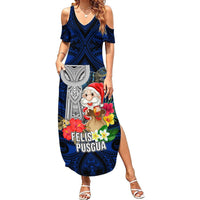 Guam Christmas Summer Maxi Dress Santa Gift Latte Stone and Sea Turle Mix Hibiscus Chamorro Blue Style LT03 Women Blue - Polynesian Pride