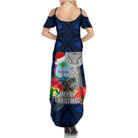 Guam Christmas Summer Maxi Dress Santa Gift Latte Stone and Sea Turle Mix Hibiscus Chamorro Blue Style LT03 - Polynesian Pride
