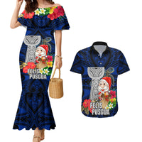 Custom Guam Christmas Couples Matching Mermaid Dress and Hawaiian Shirt Santa Gift Latte Stone and Sea Turle Mix Hibiscus Chamorro Blue Style LT03 Blue - Polynesian Pride