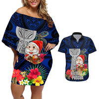 Custom Guam Christmas Couples Matching Off Shoulder Short Dress and Hawaiian Shirt Santa Gift Latte Stone and Sea Turle Mix Hibiscus Chamorro Blue Style LT03 Blue - Polynesian Pride