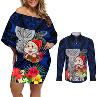 Custom Guam Christmas Couples Matching Off Shoulder Short Dress and Long Sleeve Button Shirt Santa Gift Latte Stone and Sea Turle Mix Hibiscus Chamorro Blue Style LT03 Blue - Polynesian Pride