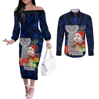 Custom Guam Christmas Couples Matching Off The Shoulder Long Sleeve Dress and Long Sleeve Button Shirt Santa Gift Latte Stone and Sea Turle Mix Hibiscus Chamorro Blue Style LT03