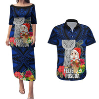 Custom Guam Christmas Couples Matching Puletasi Dress and Hawaiian Shirt Santa Gift Latte Stone and Sea Turle Mix Hibiscus Chamorro Blue Style LT03 Blue - Polynesian Pride